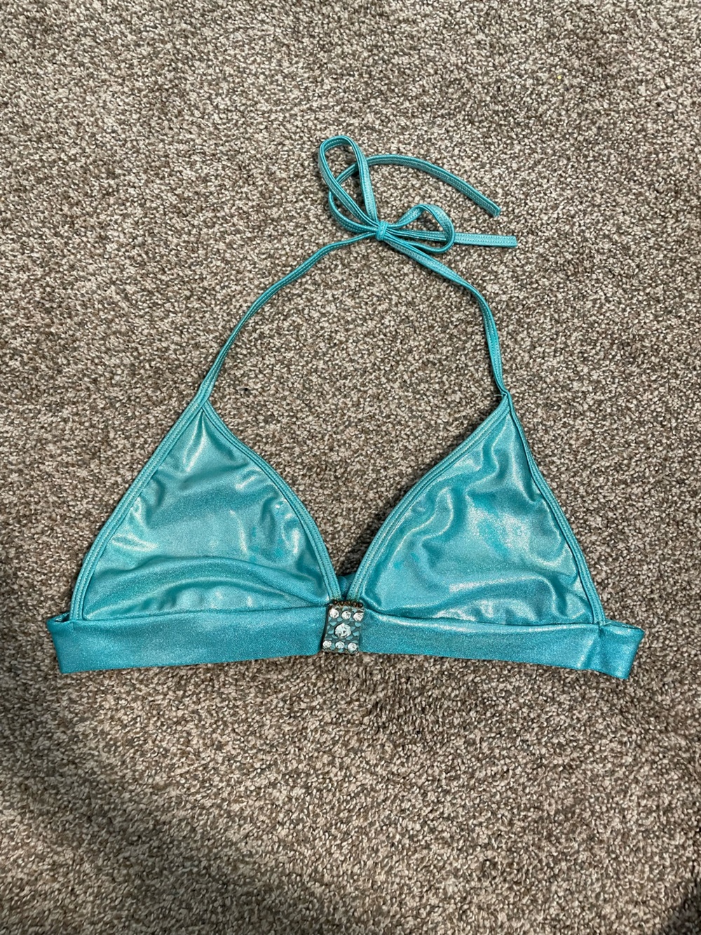Y2K Shimmery Teal Triangle Halter Bikini Top with Rhinestone Accent